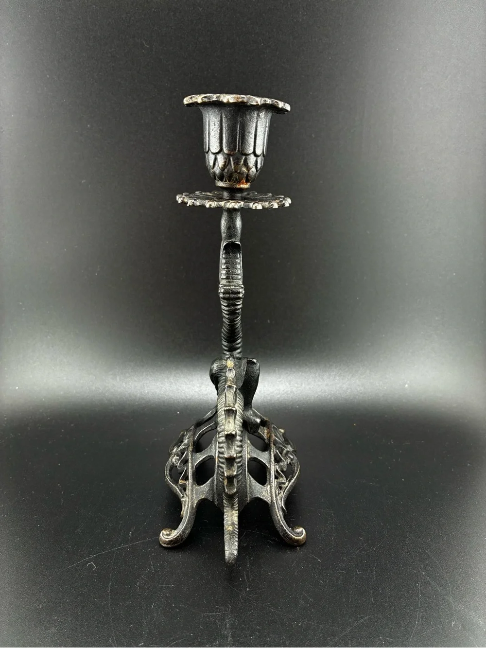 Vintage cast iron Dragon Candle Holder - Black
